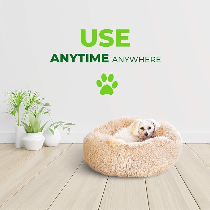 Whiskers & Friends Cat Beds for Indoor Cats, Fluffy Calming Donut Cat Bed, Small Dog Bed Washable - Orthopedic Soft Plush Pet Beds Sized for Kitten to Large Cats & Puppy to Small Dogs - Khaki