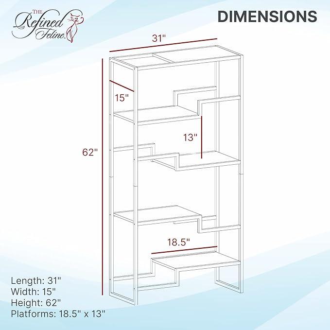 The Refined Feline 62 Inch Tall Metropolitan Cat Condo, White Metal Frame Cat Tower, Multi-Level Modern Cat Tree for Indoor Cats, White Platforms with Faux Fur Replaceable Cushions