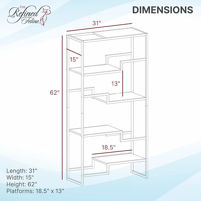 The Refined Feline 62 Inch Tall Metropolitan Cat Condo, Black Metal Frame Cat Tower, Multi-Level Modern Cat Tree for Indoor Cats, White Platforms with Faux Fur Replaceable Cushions