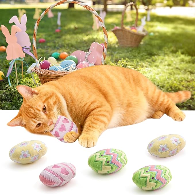 6pcs Easter Catnip Toy,Indoor Easter Egg Shaped Cat Toy Plush Interactive Chew Bite Toys for Cat Kitten Indoor Festive Holiday Cat Lover Gift
