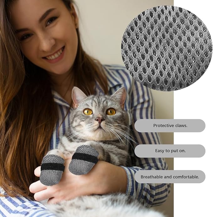 4pcs Cat Mittens to Prevent Scratching, Cat Booties Mesh Breathable Cats Shoes Anti Scratch Kitten Foot Covers for Pet Bathing Cutting Nails (Gray Size L)