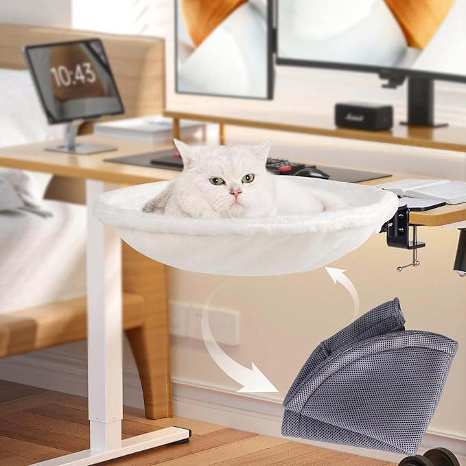 Uross Cat Desk Bed - 180° Rotating Soft & Comfortable Rabbit Fur Bed, Modern Indoor Cat Nest Furniture for Office Desks and Game Tables, Island Table-Supports 50 lbs-(Beige)