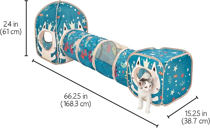 Kitty City Ocean-Themed Cat Play Furniture Set, Collapsible Pop-Up Cat Toys Combo with Cube, Tunnel & House, Indoor Cat Playground for Play, Hiding & Lounging
