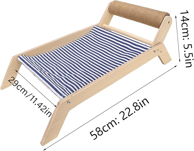 Cat Hammock Bed with Wooden Frame, Anti Shaking Swing Chair for Cats, Premium Sisal and Canvas Raised Sleeping Bed with Scratcher, Minimalist Design Pet Furniture for All Seasons (Beach Sisal Roller