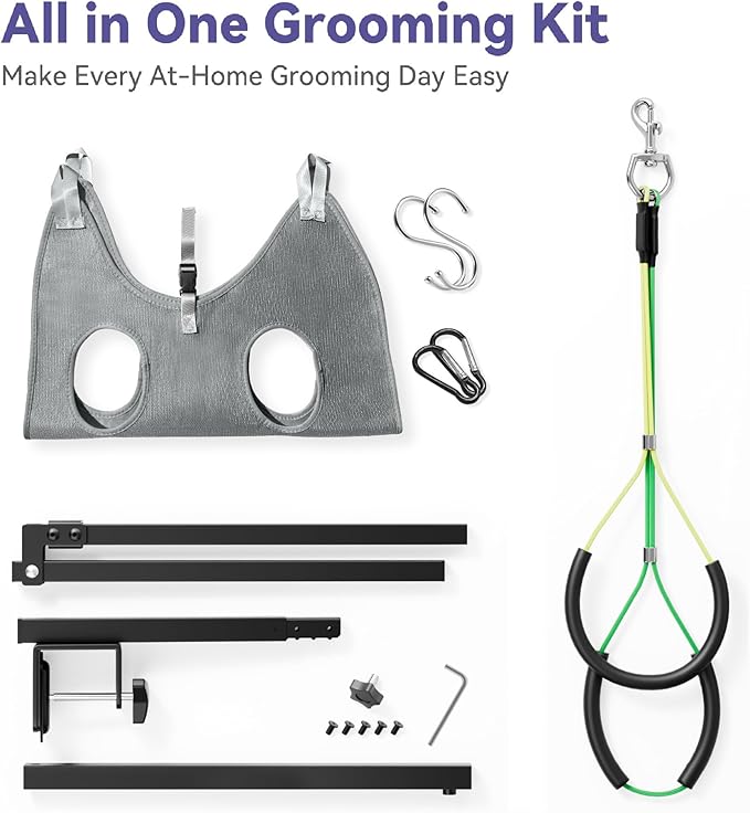 Adjustable Dog Grooming Arm with Clamp, 26″–40″ Height, S Hammock with Back Buckle, No-Sit Grooming Restraint for Small & Medium Dogs