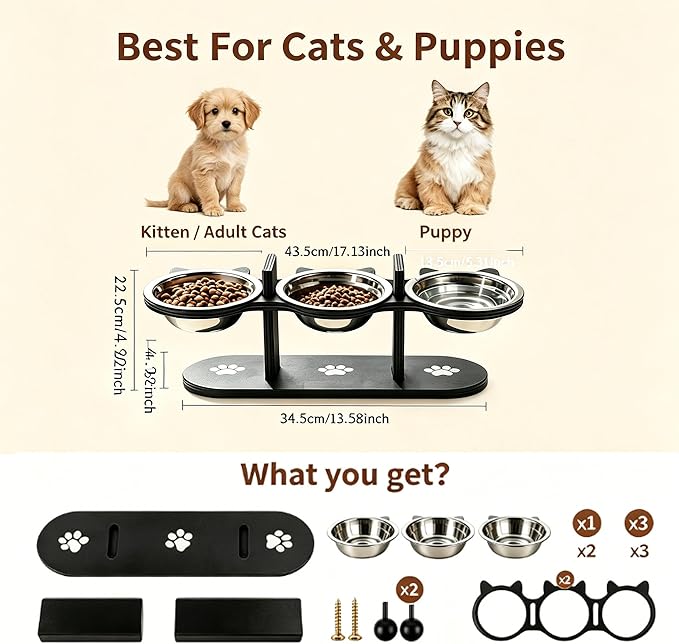 2026 New Anti-Slip Elevated 3-Bowl Pet Feeder, Cat Bowls With Stand Tilted, Stainlesssteel Cat Feeding Station, Ergonomic Elevated Cats Bowls With Wooden Base, Pet Feeding Station For Food & Water (B)