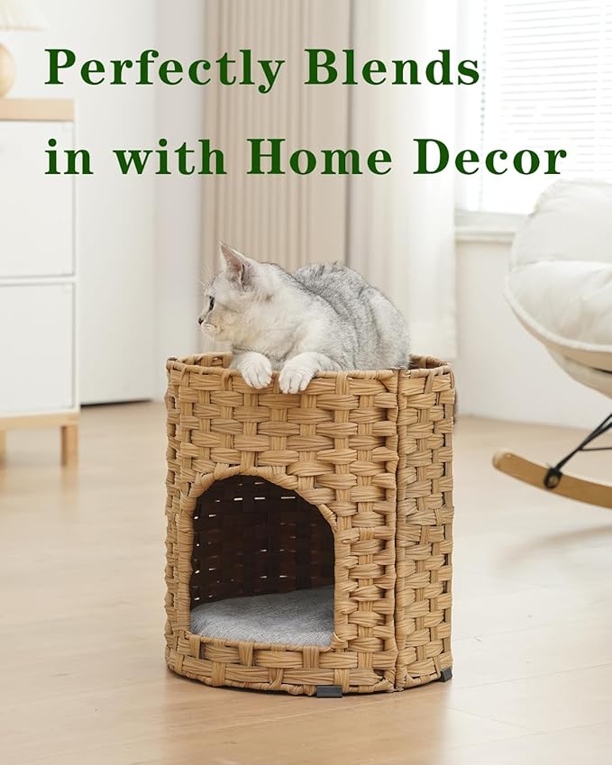 SETVSON Cat House for Indoor Cat, Small Cat Houses Handwoven PE Rattan Kitten Cave, Pet Kitten Bed Covered, One Bed Pad, 13 x 13 x 13.7 Inches, Foldable Hideaway in Living Room Gray
