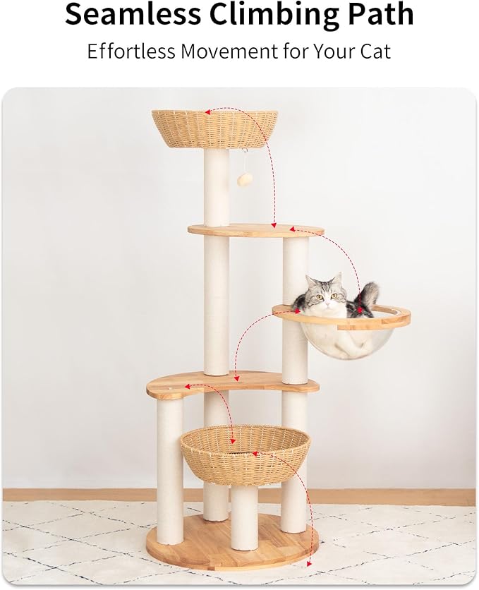 Modern Cat Tree for Large Cat, Wood Cat Tower Heavy Duty with Scratch Post for Indoor Big Cats (133cm (Natural Wood))