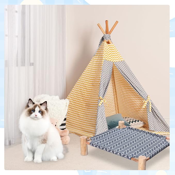 Mixweer 4 Pcs Cat Hammock Bed Wooden Cooling Elevated Bed Detachable Portable Chair for Small Dogs Pets Sleeping Indoor and Outdoor 21 x 19 x 5 Inch(Alpaca)