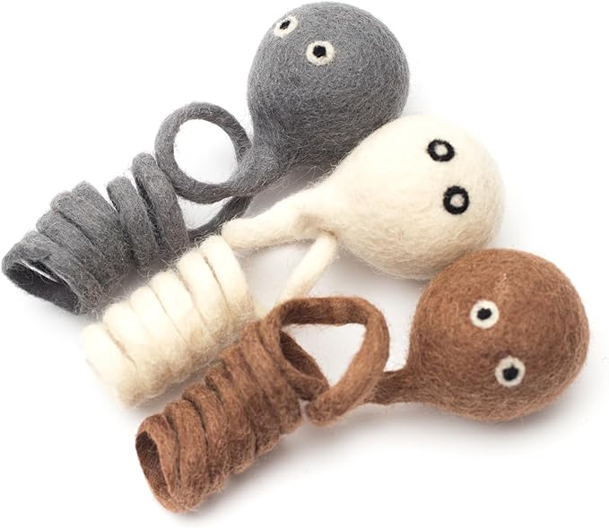 Glaciart One Felt Spring Cat Toy β 3 Pcs Soft Fuzzy Enrichment 100% Natural Wool - Interactive Stretchable Play Set - Safe for Pets, Non-AZO Colored Dyes - 4β Long
