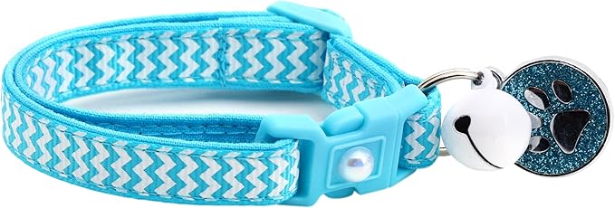 Striped Cat Collar with Bell | Safety Breakaway Collar | Adjustable Large Size or Kitten Collar (Blue & White Chevrons, Small(10lbs & Less))