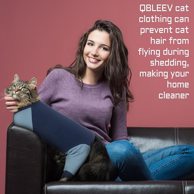QBLEEV Sticky Hair Cat Clothes, Soft Cat Pajamas for Cats Only, Prevent Lost Fur Kitten Sweater Onesie, Stretchy Recovery Suit for Female Male Cats After Surgery Daily Wear, Blue, XS