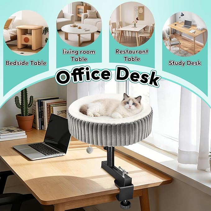 TNELTUEB Cat Desk Bed - 360° Rotating,Clamp On Cat Bed for Desks, Adjustable High Support Up to80 lbs for Office, Game Table, Island Tables, Desktop Attachment Hammock Grey