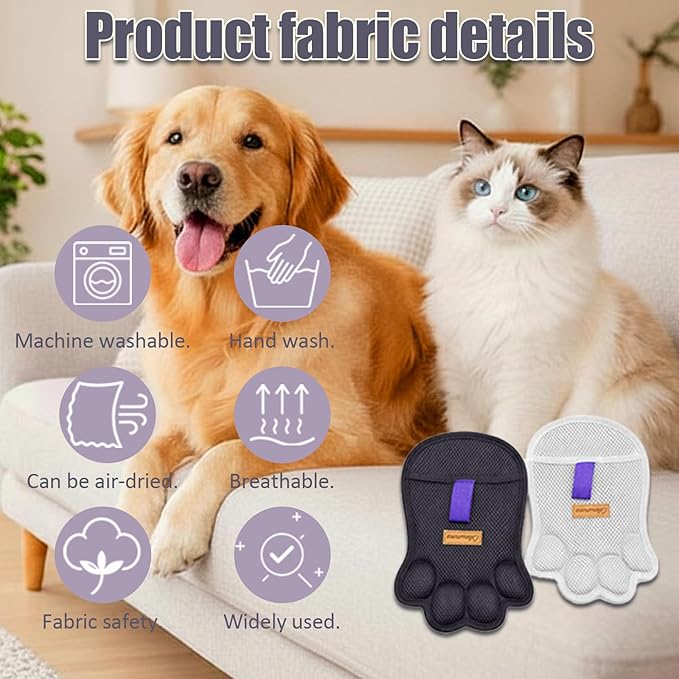 2PCS Paw Shape Pet Hair Removal Glove for Dogs & Cats, Reusable Electrostatic Lint Remover Brush for Couch, Carpet, Clothing, Bed, Car Seat, Upgraded Design(Gray)