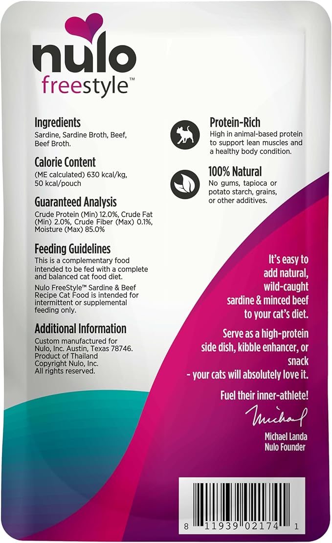 Nulo FreeStyle Cat & Kitten Wet Cat Food - Sardine & Beef in Broth, Grain-Free, High Protein Soft Food Topper Treat, 2.8oz Pouches (Pack of 24)