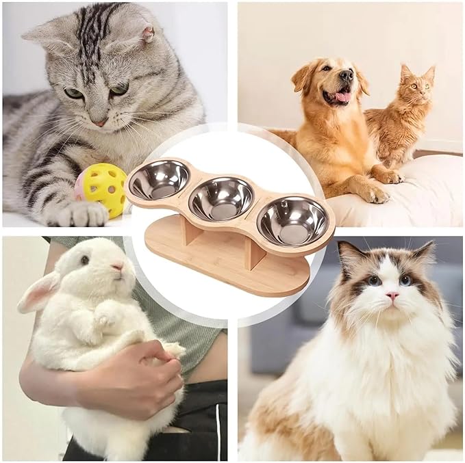 Triple Stainless Steel Pet Bowl with Elevated Wooden Stand, Food Water Feeder for Cats Puppies