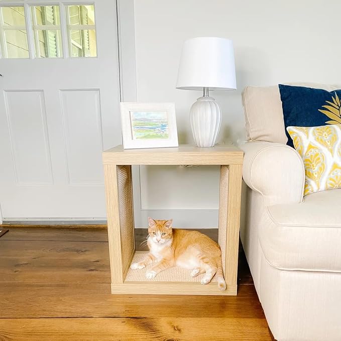 Designer Pet Products 2-in-1 Cat Scratcher End Table – Modern Wood Side Table with Customizable Sisal Scratching Pad – Versatile Furniture for Cats and Home Decor