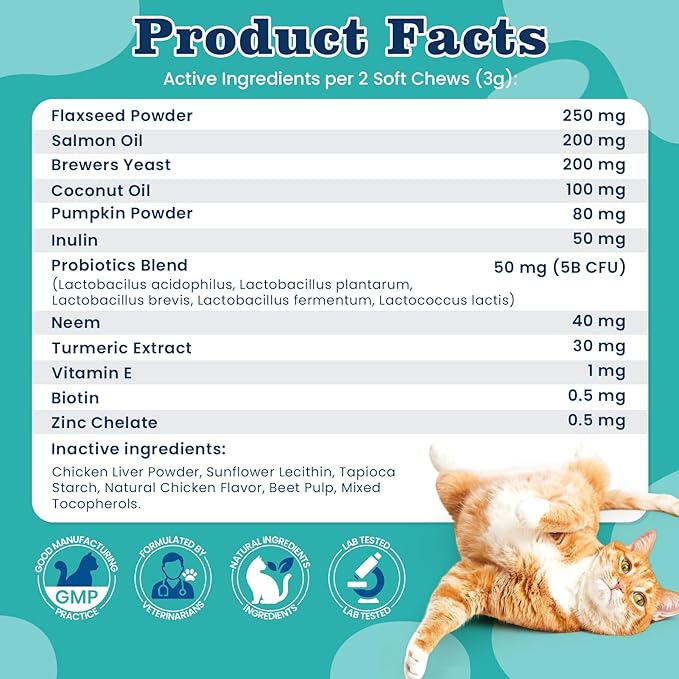 Flea Treatment for Cats 300 Treats Natural Flea and Tick Prevention Supplement for All Cats - Skin & Coat Care, Immune System Boot, Digestive Gut Health, Daily Oral Flea Supplement Chicken Flavor
