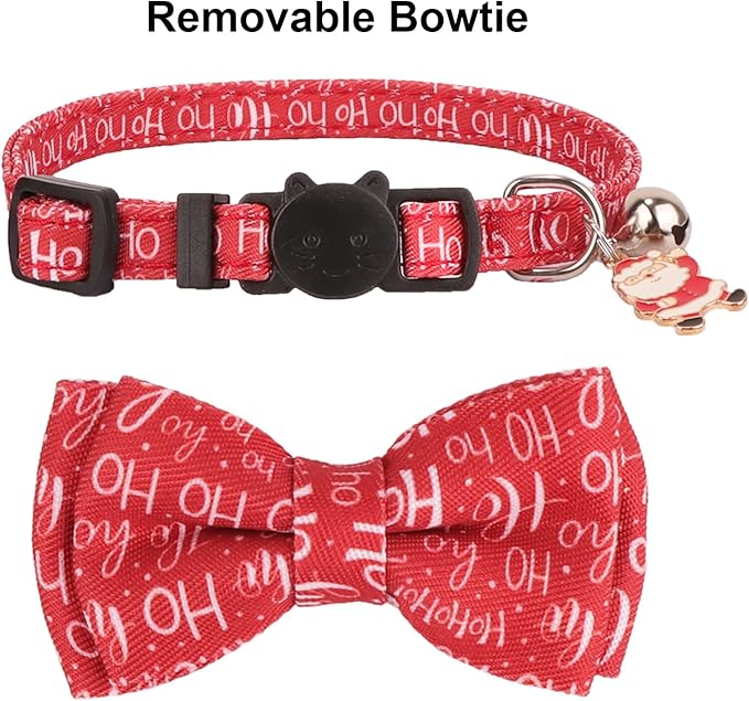 PTDECOR Christmas Cat Collars with Bow Tie Bell, 2 Pack Breakaway Kitten Collar with Removable Bowtie Christmas Tree Hoho Collar for Cats Kittens