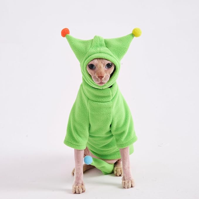 Sphynx Cat Clothes, Warm Cat Jumpsuit with Hat and Tail Cover, Full Set for Hairless Cats, Cornish Rex and Devon Rex (Green, S(2-3.5lbs))