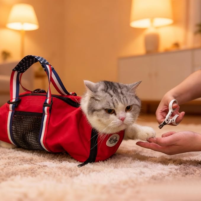 Cinf Cat Nail Clipping Cleaning Grooming Restraint Bag (Free Muzzle) No Scratching Biting for Bathing Nail Trimming Injecting Examining((Red USA Flag,M)