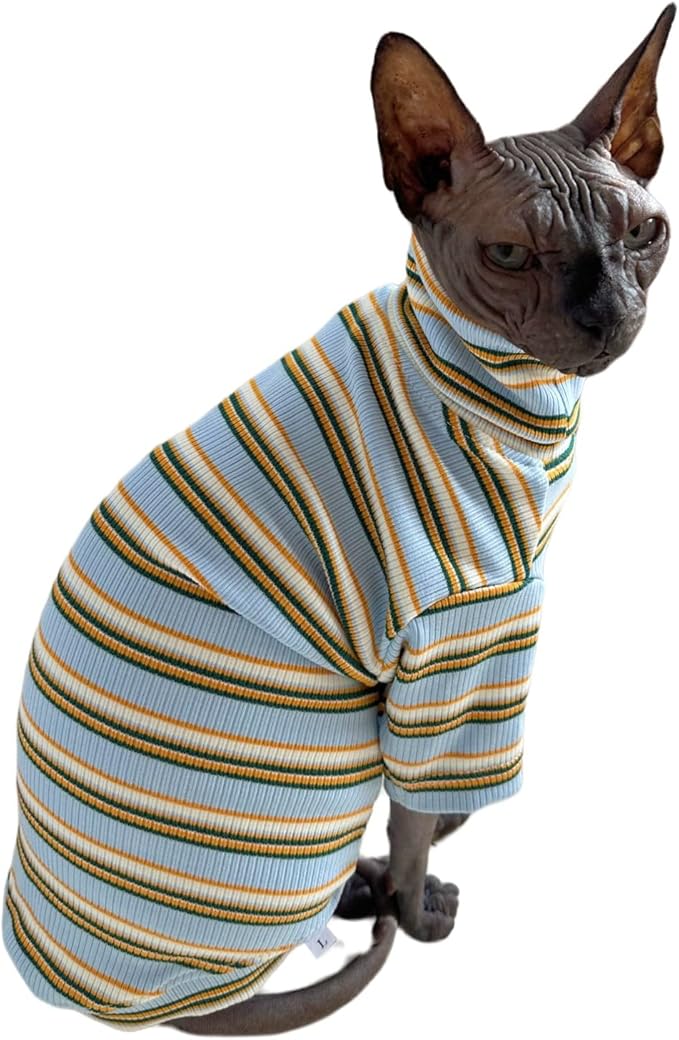 Turtle Neck Vintage Stripes Sphynx Hairless Cat Cotton T-Shirts Pet Clothes Vest Kitten Shirts Sleeveless, Cats & Small Dogs Apparel (Light Blue, (7-8.8 lbs))