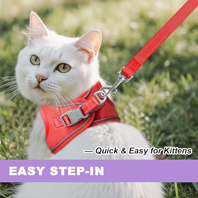 Cat Harness and Leash Set,Escape Proof Kitten Harness,Step in Adjustable Soft Lightweight,Easy Control,Reflective Strips Comfortable for Walking Travel(Red,M)