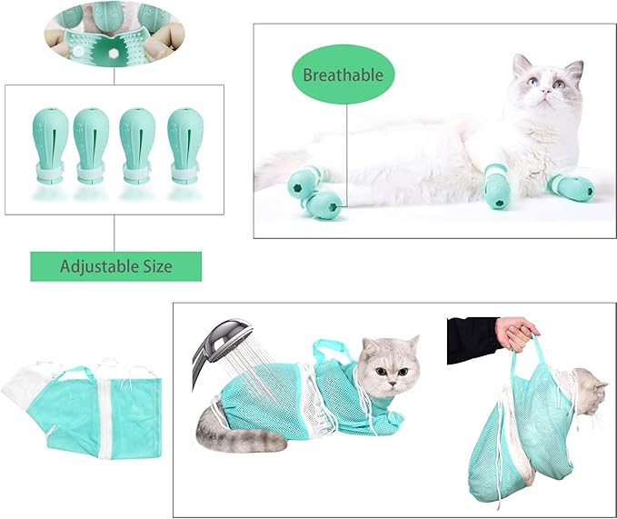 Anti-Scratch Silicone Cat Shoes: Adjustable Multifunctional Anti-Bite Shower Mesh Bag, paw Protection