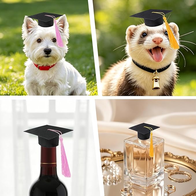 Mini Graduation Caps with Gold and Pink Tassel, 2 Pack Black Mini Graduation Caps, Small Animal Bachelor Hats for Adjustable Pet Graduation Photo Props Cat Dog Holiday Costume Accessories