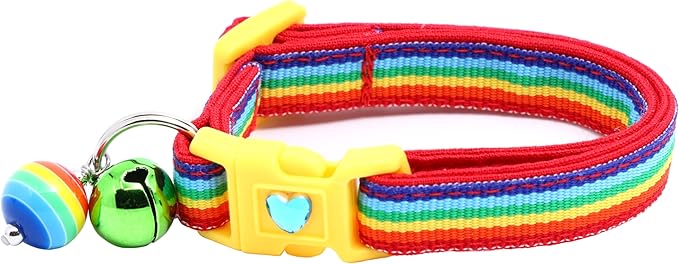 Striped Cat Collar with Bell | Safety Breakaway Collar | Adjustable Large Size or Kitten Collar (Retro Rainbow, Small(10lbs & Less))