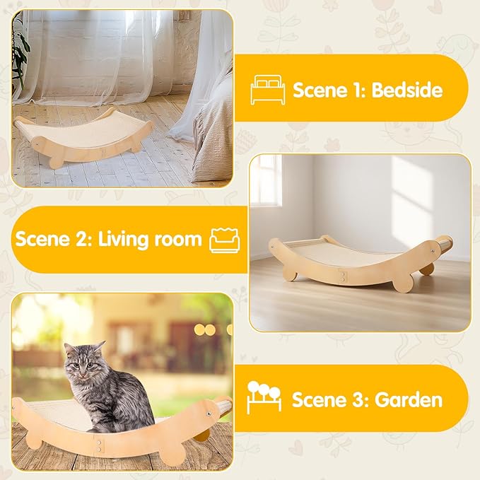 Cat Scratcher Bed Sisal Cat Scratching Bed Hammock for Indoor Cats Sisal Chair Scratch Post Scratching Mat for Large Cats Scratcher Lounger, Wooden Cat Furniture