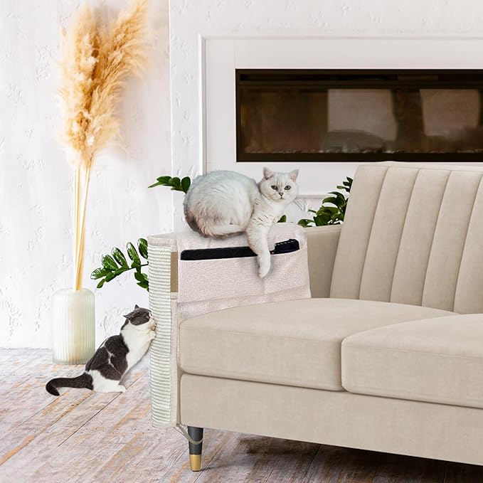 Cat Scratch Sofa Protector,27.6”L*19.6“W Cat Scratch Furniture Protector Pad Couch Arm Sheild with Natural Sisal for Protecting Couch Sofa Chair Furniture(Beige/Right Handed