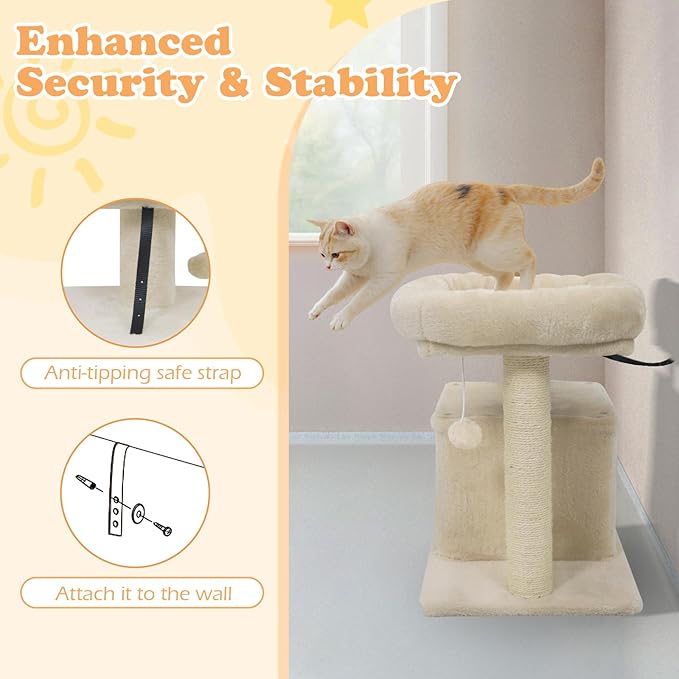 Tangkula Small Cat Tree for Indoor Cats, Cat Tower with Sisal Scratching Posts, Hanging Pompom, Cat Condo with Large Padded Plush Perch for Small Spaces, Kittens (Beige)