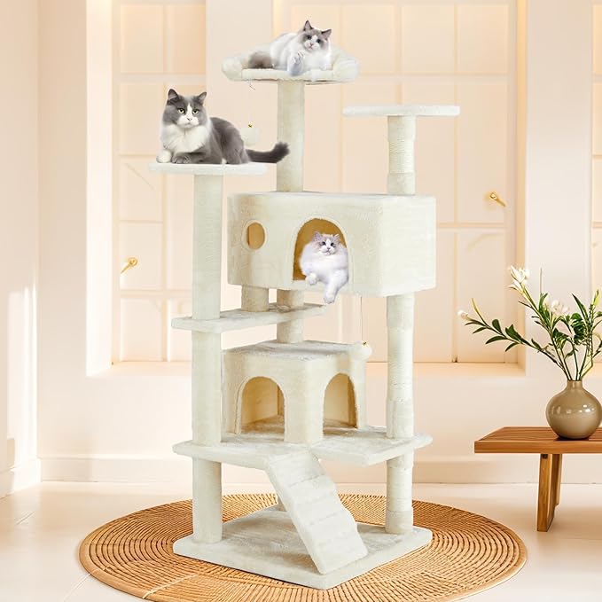 FluffyDream Cat Tree Tower for Indoor Cats, 54 Inches Multi-Level Activity Cat Tree with Sisal Scratching Posts Cat Play House Large Kitten Condo Funny Toys Climbing Ladder, Beige,Premium