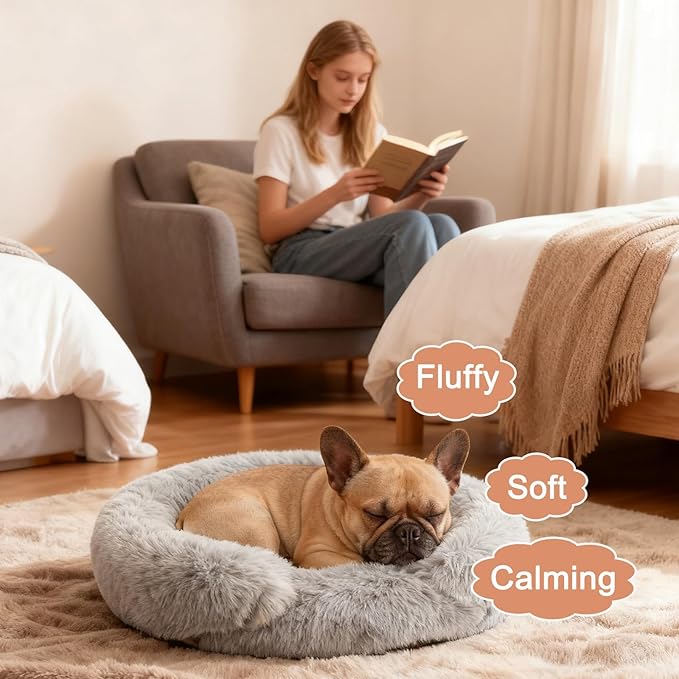 Calming Dog & Cat Beds with Orthopedic Egg-Crate Foam Raised Rim, Soft Fluffy Faux Fur Pet Bed for Small Medium Dogs, Anxiety Relief Spine Support, Machine Washable (Round, Pale Grey 23")