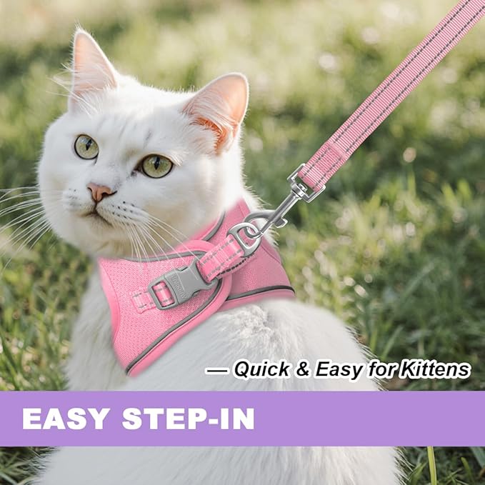 Cat Harness and Leash Set,Escape Proof Kitten Harness,Step in Adjustable Soft Lightweight,Easy Control,Reflective Strips Comfortable for Walking Travel(Baby Pink,XS)