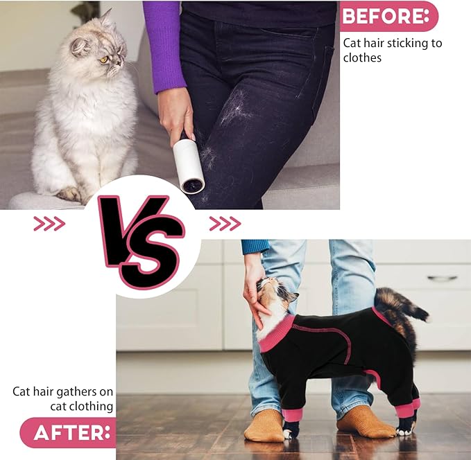 QBLEEV Sticky Hair Cat Clothes, Soft Cat Pajamas for Cats Only, Prevent Lost Fur Kitten Sweater Onesie, Stretchy Recovery Suit for Female Male Cats After Surgery Daily Wear, Black, XS