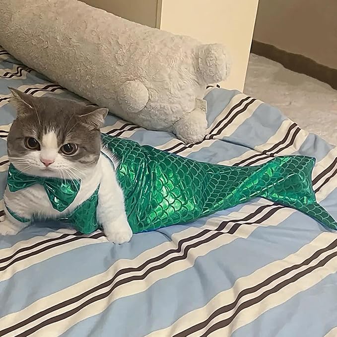 Generic cat Mermaid Costume, Mermaid Tail for Cats, Mermaid Tail Clothes Sequin Mermaid Dress, Comfortable & Soft Dog Outfit, Funny Pet Costumes for Cat and Dog, Green