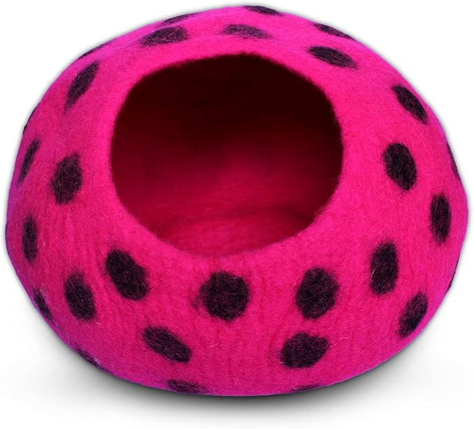 Woolygon Premium Felt Cat Cave Bed β Wool Kitty Beds Handcrafted Kitten Caves Bed for Indoor Cats - Made from Merino Wool, Foldable Cat Hideaway Covered Cat House Pod (Pink Polka)
