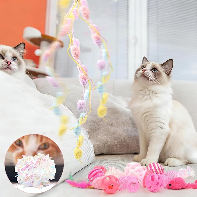 QUOZUO 16Pcs Cat Toy Set Pink Kitten Toys Pack Including Feather Teaser Interactive Wand Cat Springs Mice Crinkle Balls and Pet Bell Balls Toys for Bored Indoor Cats, Gift Box Styles (Pink)