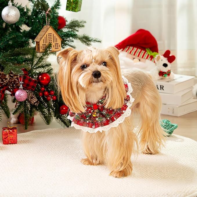 Dog Christmas Outfit – Holiday Dog Bandana with Bells, Plaid Scarf for Small Dogs & Cats, Cute Cat Christmas Outfit for Winter Parties & Photos (L)