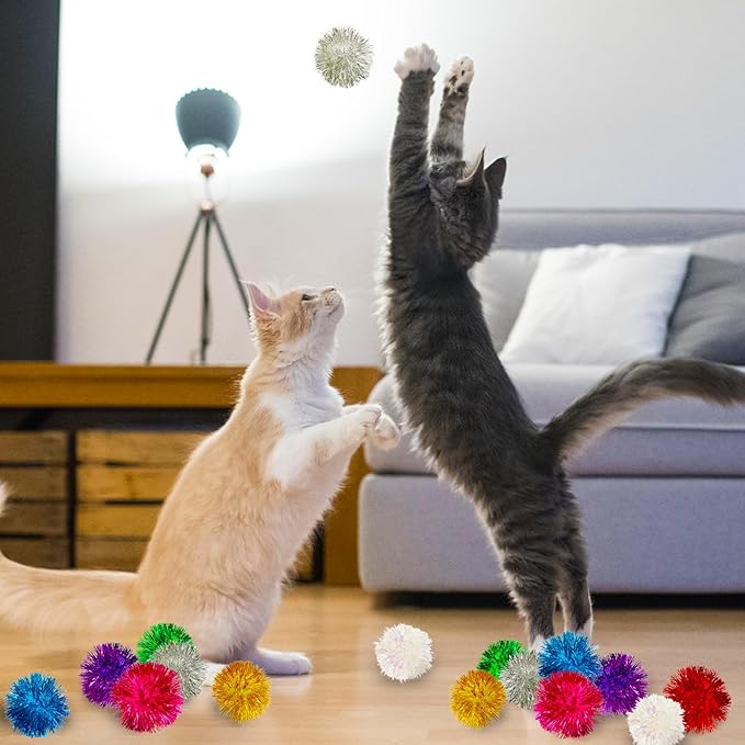 50 Pcs Cat Pom Pom Balls,2 Inch Large Assorted Color Cat Toy Balls,Sparkle Ball for Indoor Cats,Interactive Glitter Cat Toys for Exercise and Entertainment
