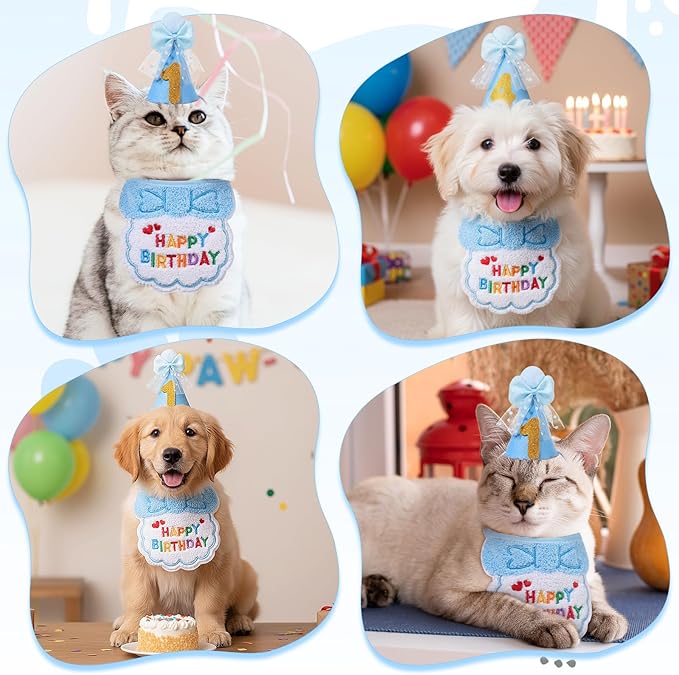 Blue Cat Birthday Hat, Cats Party Bandana Hat Numbers for Pet Birthdays Decorations