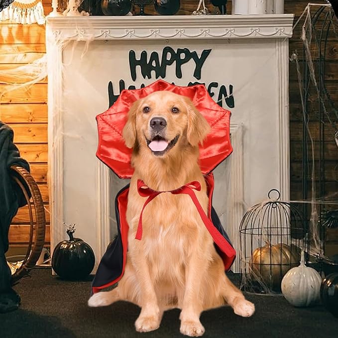 ROSAUI Halloween Pet Vampire Cape – 23.62″ Adjustable Red & Black Costume for Large Dogs (Golden Retriever, Labrador, German Shepherd) Spooky Cloak with Stand-Up Collar (L Size)