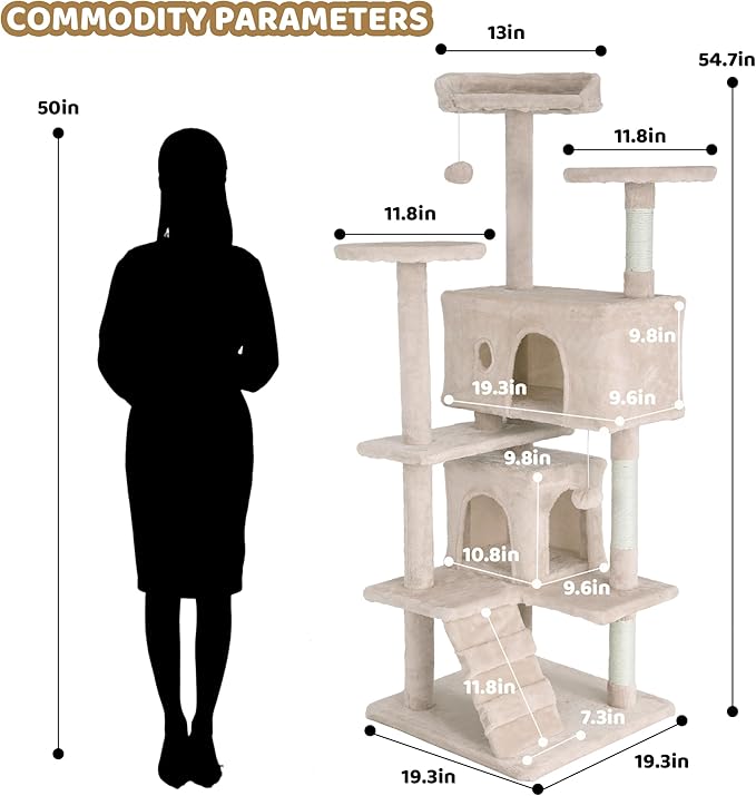 54in Cat Tower, Multi-Level Cat Tree with Sisal-Covered Scratching Posts, Condo, Hammock, Dangling Ball & Extended Platform, Pet Furniture for Kittens House Play, Beige