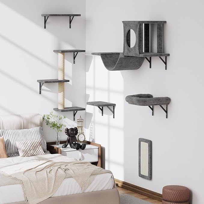 NUNU LAB Wall Mounted Cat Climber Set, 6 Pcs Cat Furniture Set with House, Bridge, Steps, Scratcher Board and Hammock, Shelves for Indoor, Luxury Walls Furniture, Dark Grey