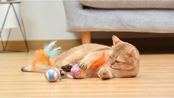 Peeps for Pets Jingle Bell Blue Bunny and Yellow Chick Catnip Cat Toys, 4''- 2 Count | Cat Toy Set with 2 Cat Toys | Catnip Cat Toys Feather Cat Toys Cat Bell Toy, Orange & Pink