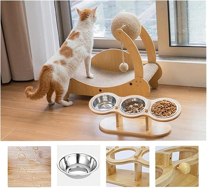 Raised Cat Feeder 3 Bowls in 1 Feeding & Watering Supplies 15° Puppy Stainless Steel Wood Stand Cats Accessories