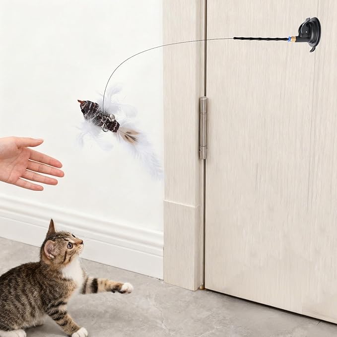 5 Pcs Interactive Cat Feather Toys, Interactive Cat Toys for Indoor Cats, Bird Simulation Cats Feathers Fishing Pole Toy Kit with Suction Base & Replacement Birds for Outdoor Indoor Kitten Playing