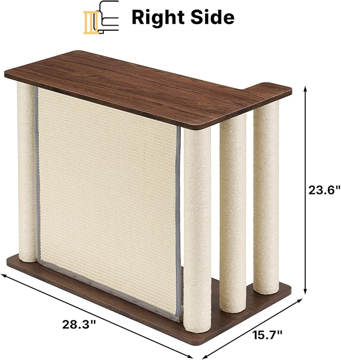 Veehoo Couch Protector from Cat Claws, Couch End Table with Cat Scratch Panel and Scratching Posts, Pet Corner Sofa Side Table Scratcher, Black Walnut, Right